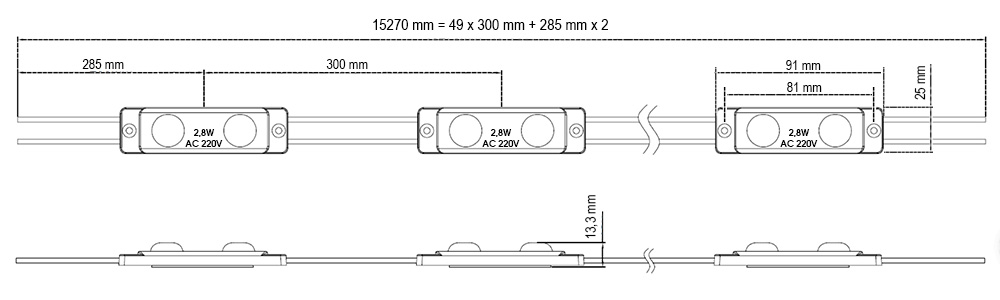 Led modul MN BackLight 2LED HV - dimenzije