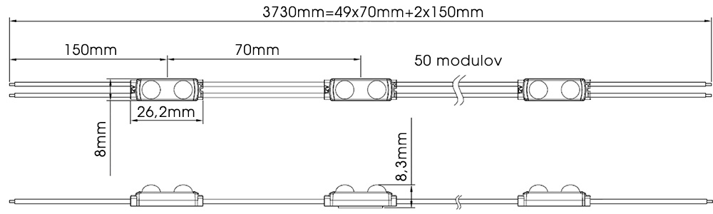Led modul MN MiniLed 2LED - dimenzije