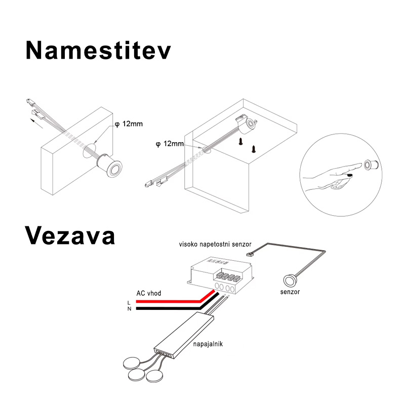 JL53-TM senzor LED na dotik 220V - namestitev in vezava
